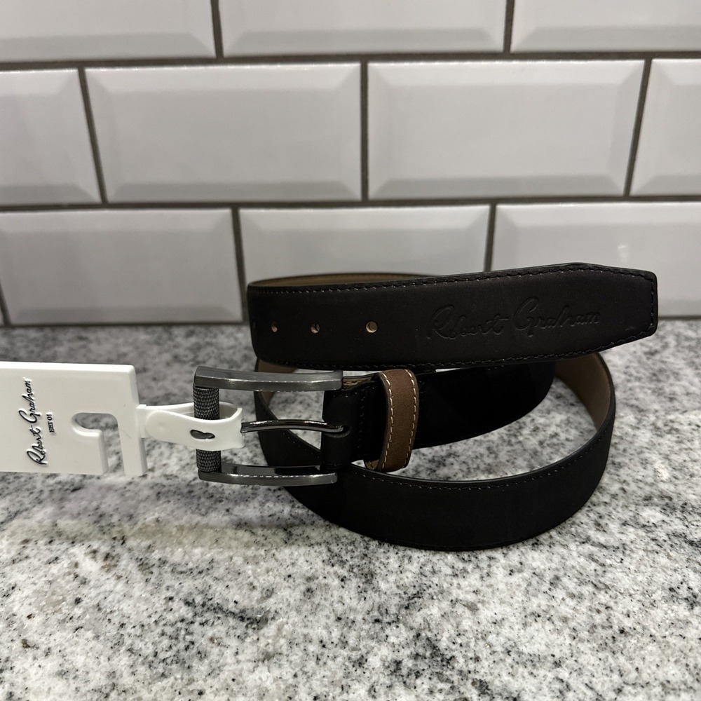 ROBERT GRAHAM Signature Ripaso Rich Black Leather Belt Size 40 Men's Gun Metal